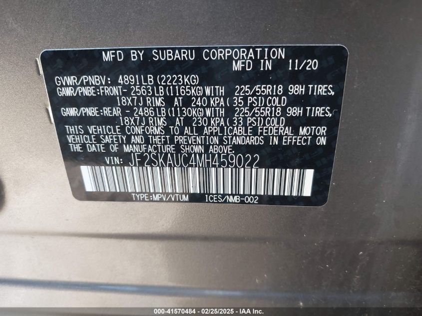 2021 Subaru Forester Limited VIN: JF2SKAUC4MH459022 Lot: 41570484