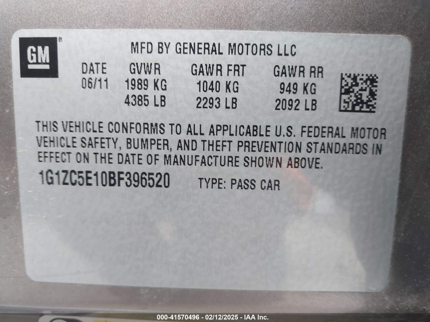 2011 CHEVROLET MALIBU VIN: 1G1ZC5E10BF396520