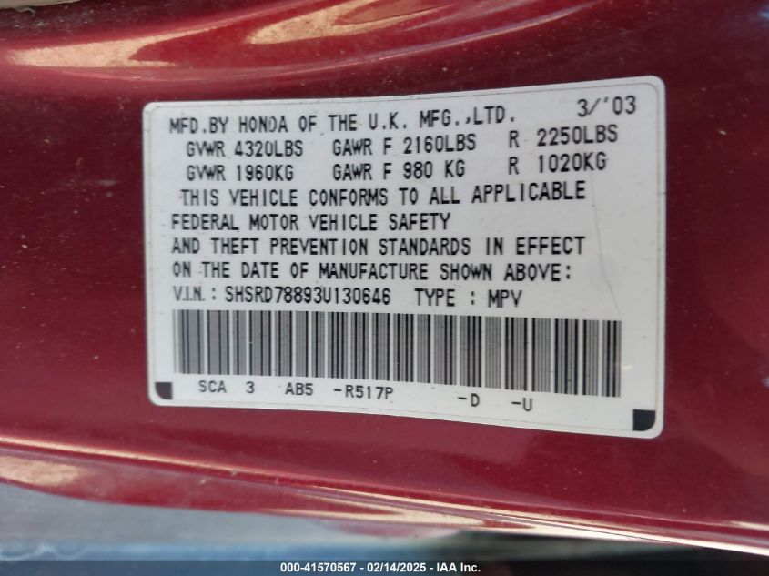 2003 Honda Cr-V Ex VIN: SHSRD78893U130646 Lot: 41570567