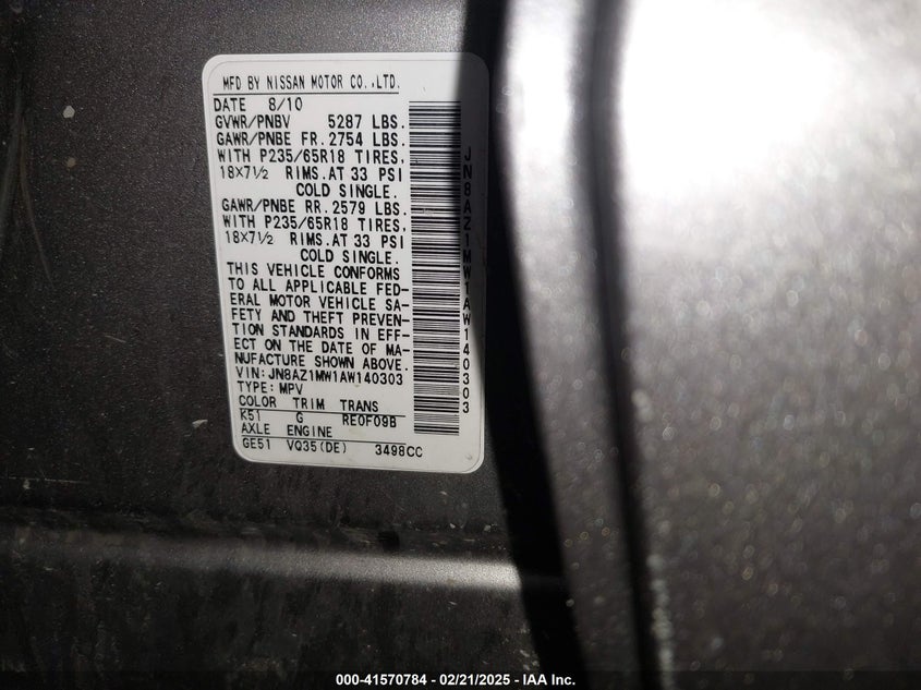 2010 Nissan Murano Sl VIN: JN8AZ1MW1AW140303 Lot: 41570784