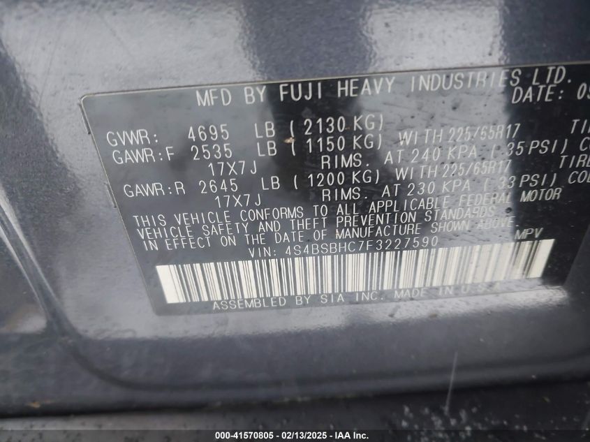 2015 Subaru Outback 2.5I Premium VIN: 4S4BSBHC7F3227590 Lot: 41570805