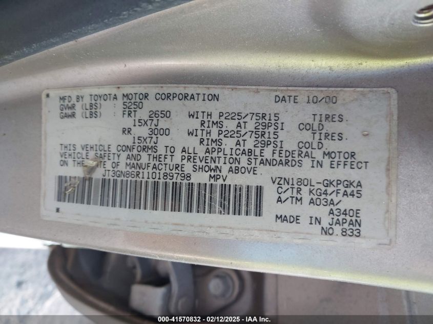 2001 Toyota 4Runner Sr5 V6 VIN: JT3GN86R110189798 Lot: 41570832
