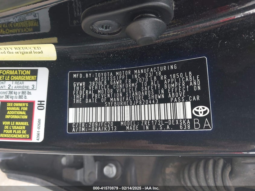 2018 TOYOTA COROLLA VIN: 5YFBURHE0JP820443