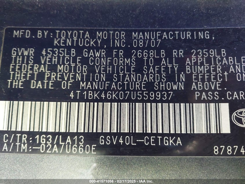 2007 TOYOTA CAMRY VIN: 4T1BK46K07U559937