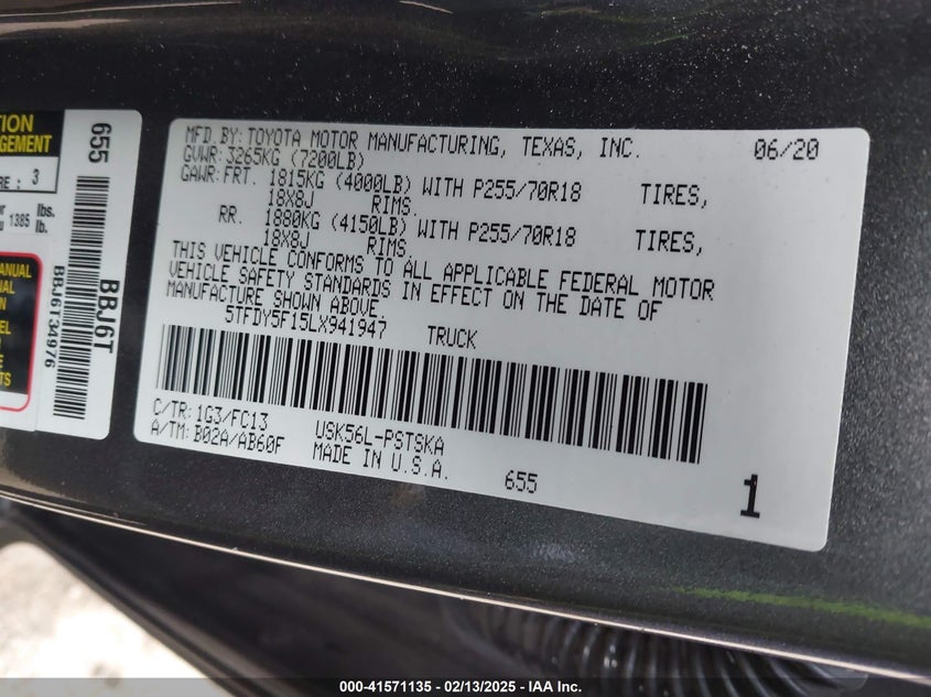 2020 TOYOTA TUNDRA VIN: 5TFDY5F15LX941947