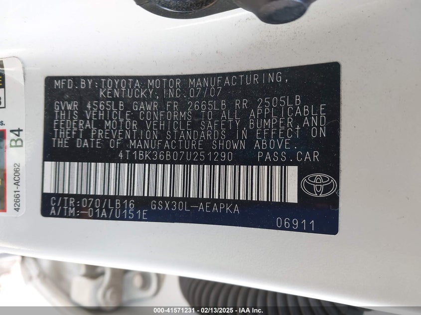 2007 Toyota Avalon Limited VIN: 4T1BK36B07U251290 Lot: 41571231