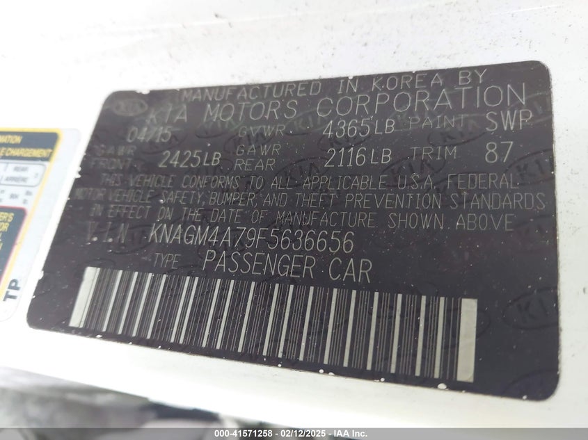 2015 KIA OPTIMA VIN: KNAGM4A79F5636656