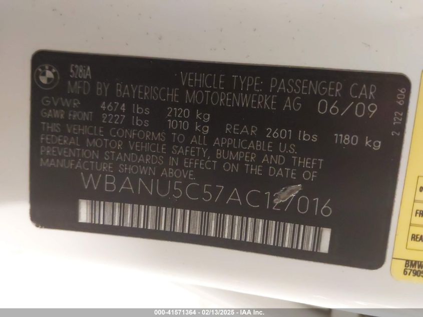 2010 BMW 528I VIN: WBANU5C57AC127016 Lot: 41571364