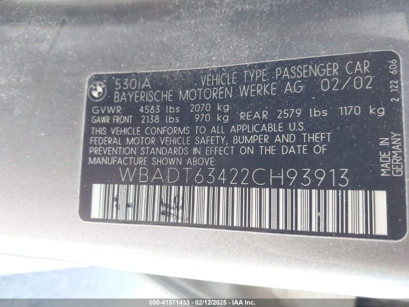 2002 BMW 530Ia VIN: WBADT63422CH93913 Lot: 41571433