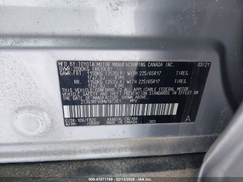 2021 Toyota Rav4 Le VIN: 2T3G1RFV0MW187261 Lot: 41571769