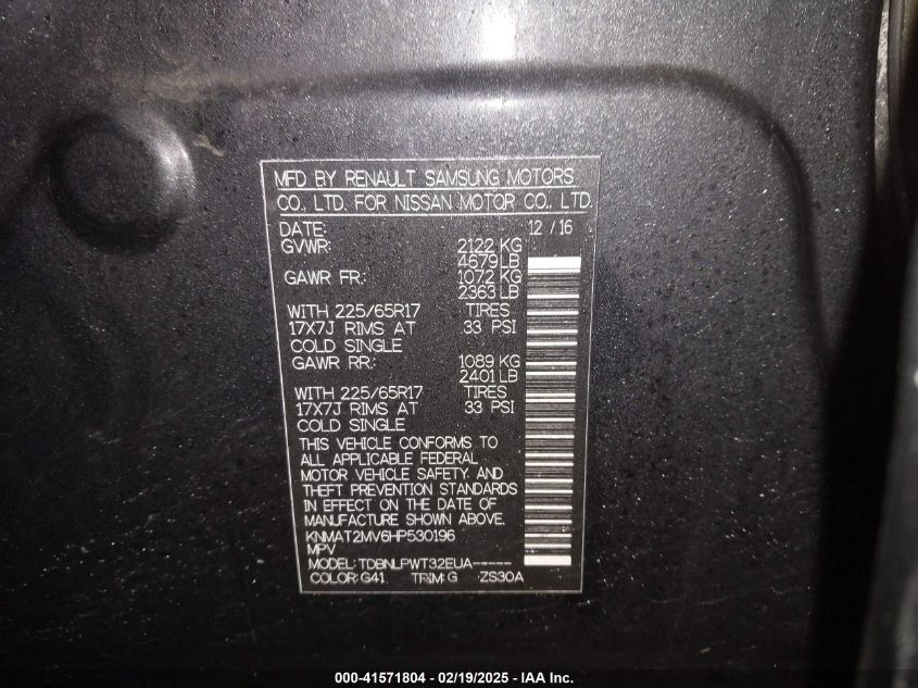 2017 Nissan Rogue S VIN: KNMAT2MV6HP530196 Lot: 41571804