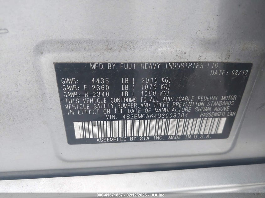2013 SUBARU LEGACY VIN: 4S3BMCA64D3008284