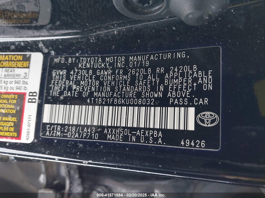 2019 TOYOTA AVALON HYBRID VIN: 4T1B21FB6KU008032