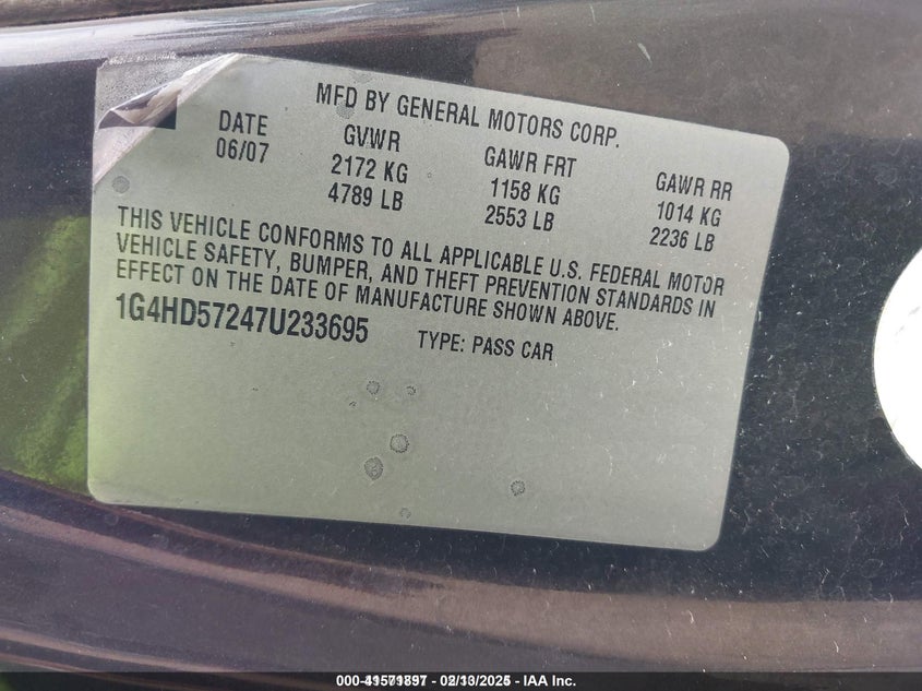 2007 Buick Lucerne Cxl VIN: 1G4HD57247U233695 Lot: 41571897