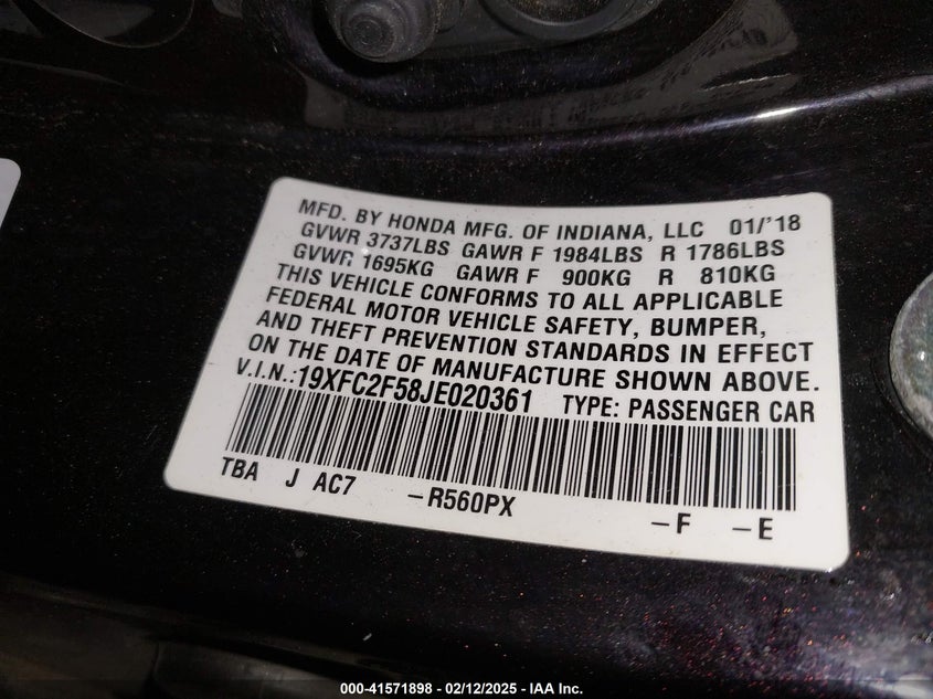 2018 HONDA CIVIC VIN: 19XFC2F58JE020361