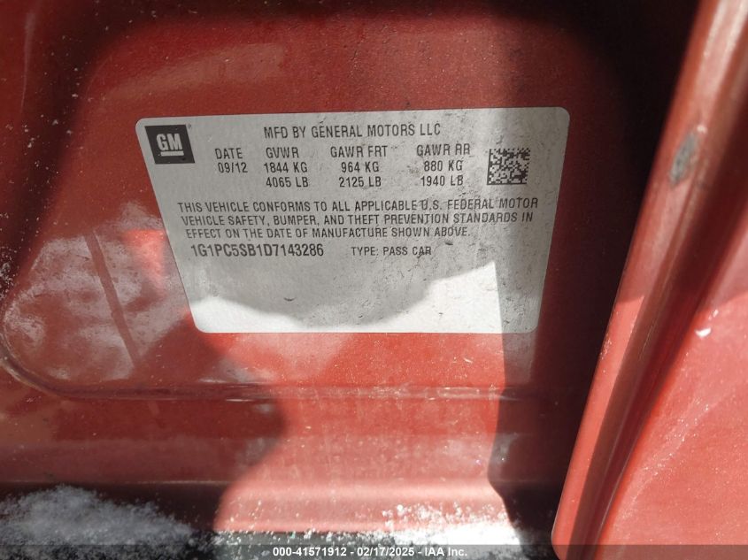 2013 Chevrolet Cruze 1Lt Auto VIN: 1G1PC5SB1D7143286 Lot: 41571912