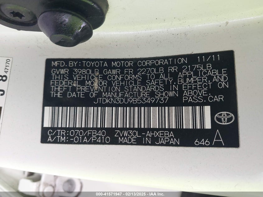 2011 TOYOTA PRIUS VIN: JTDKN3DU9B5349737