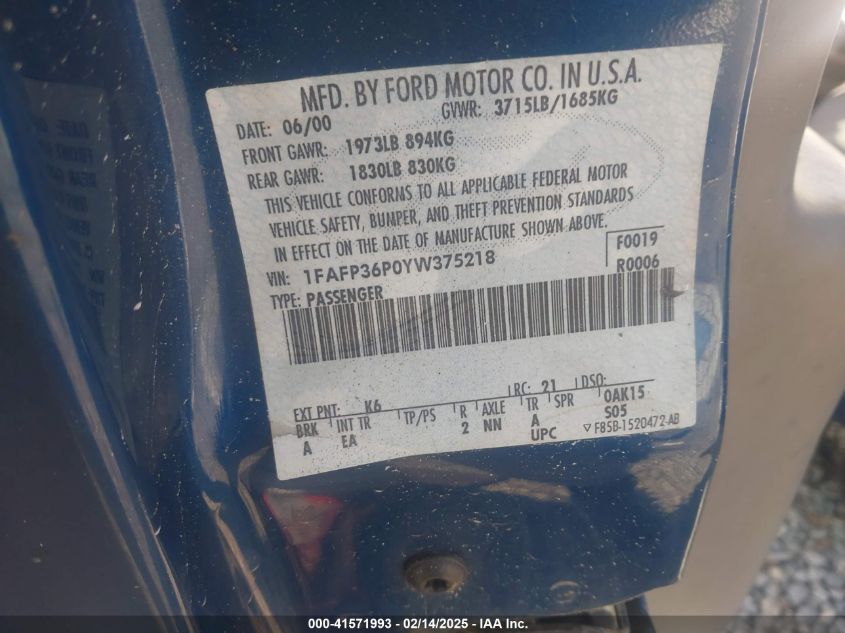 2000 Ford Focus Se VIN: 1FAFP36P0YW375218 Lot: 41571993