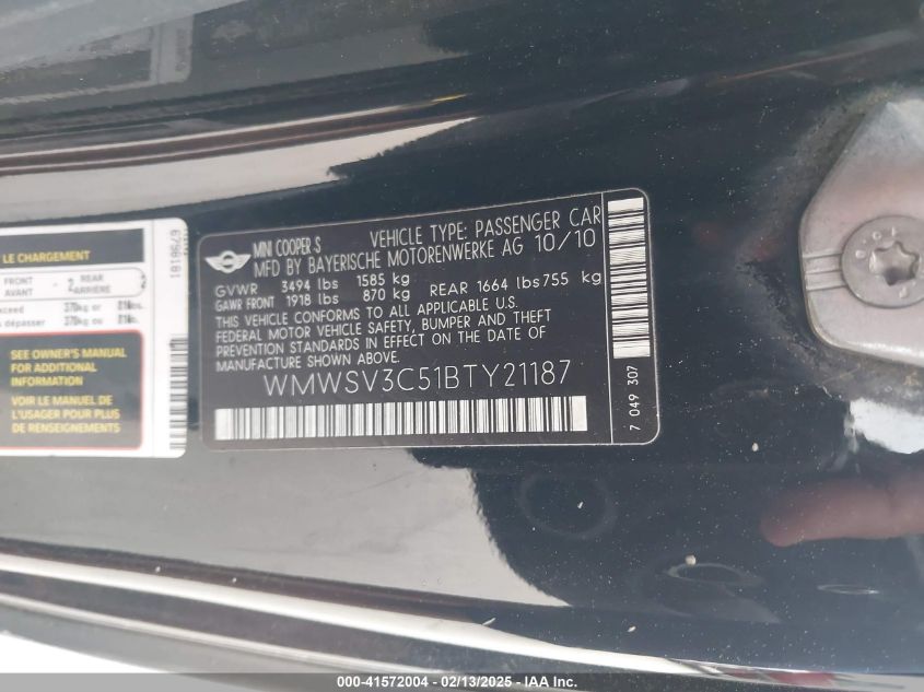 2011 Mini Cooper S VIN: WMWSV3C51BTY21187 Lot: 41572004