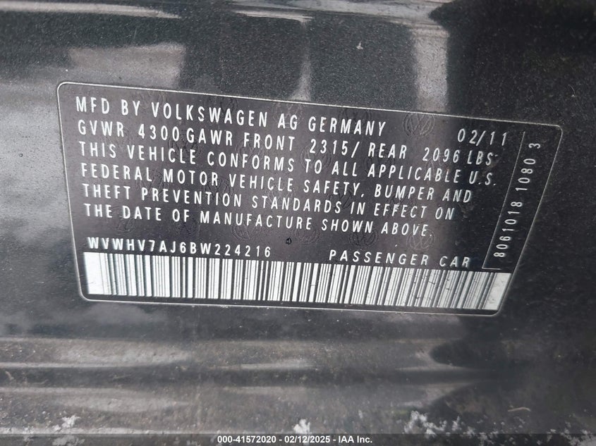 2011 Volkswagen Gti 4-Door VIN: WVWHV7AJ6BW224216 Lot: 41572020