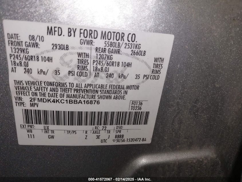 2011 Ford Edge Sel VIN: 2FMDK4JC5BBA92280 Lot: 41572067