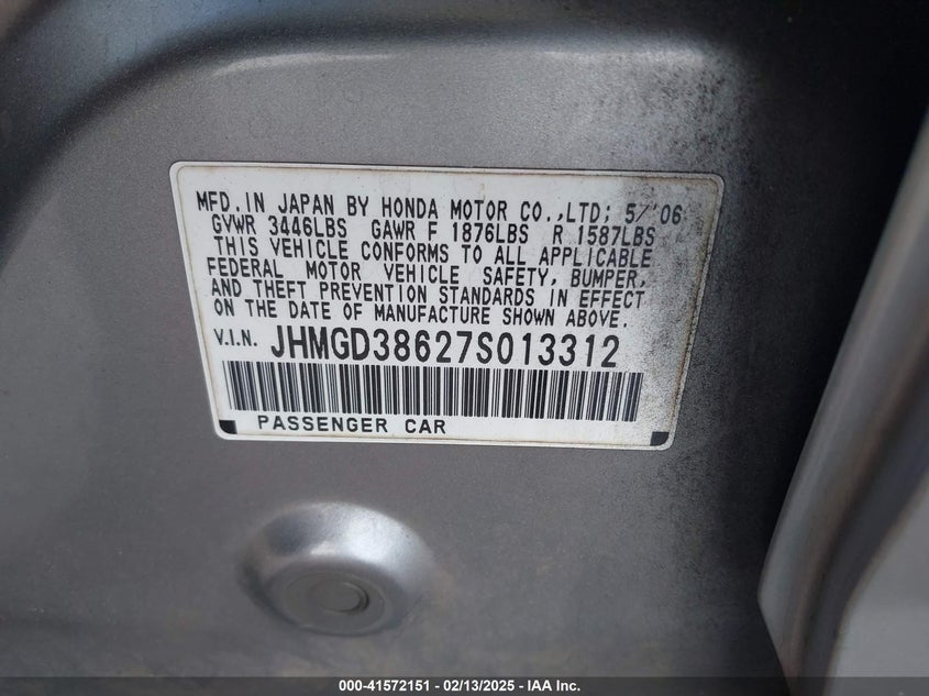 2007 HONDA FIT VIN: JHMGD38627S013312