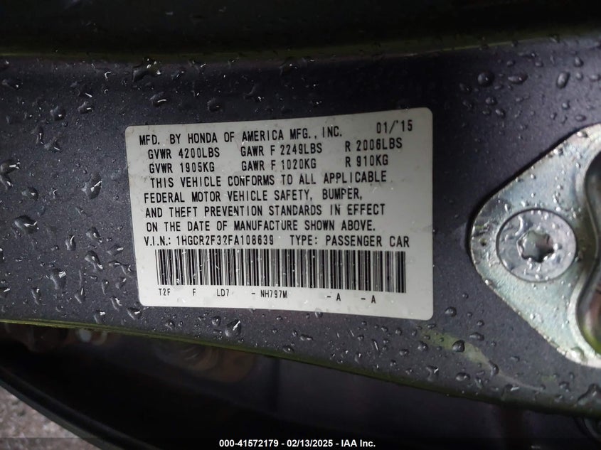 2015 HONDA ACCORD VIN: 1HGCR2F32FA108639
