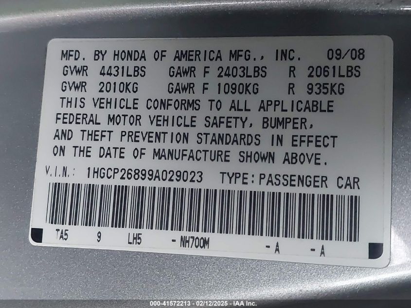 2009 Honda Accord 2.4 Ex-L VIN: 1HGCP26899A029023 Lot: 41572213