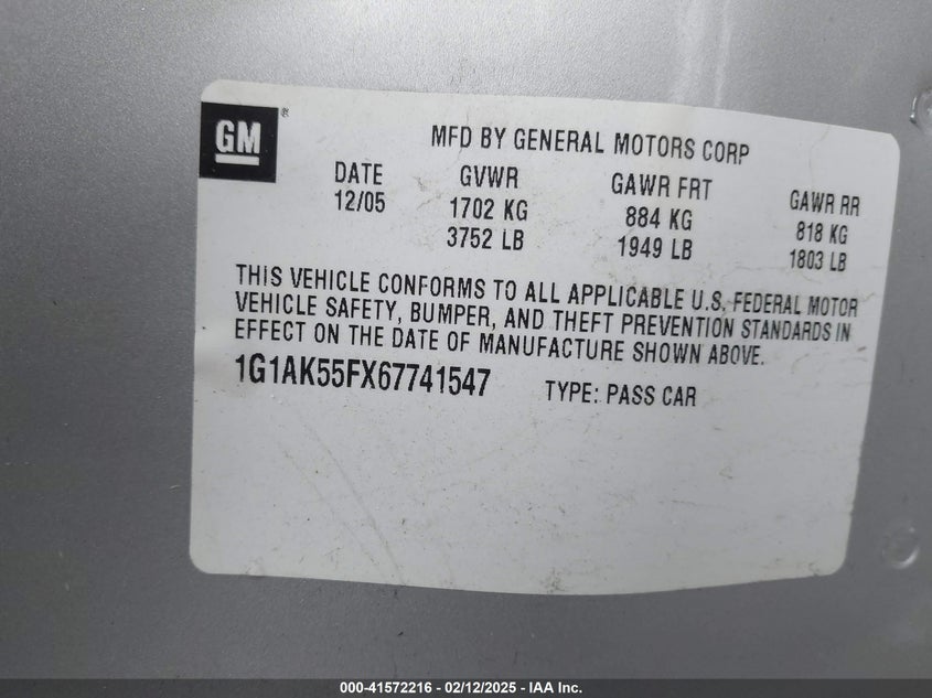 2006 CHEVROLET COBALT VIN: 1G1AK55FX67741547