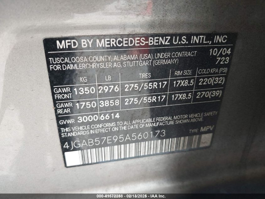 2005 Mercedes-Benz Ml 350 4Matic VIN: 4JGAB57E95A560173 Lot: 41572288