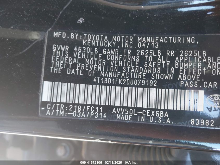 2013 Toyota Camry Hybrid Xle VIN: 4T1BD1FK2DU079192 Lot: 41572305