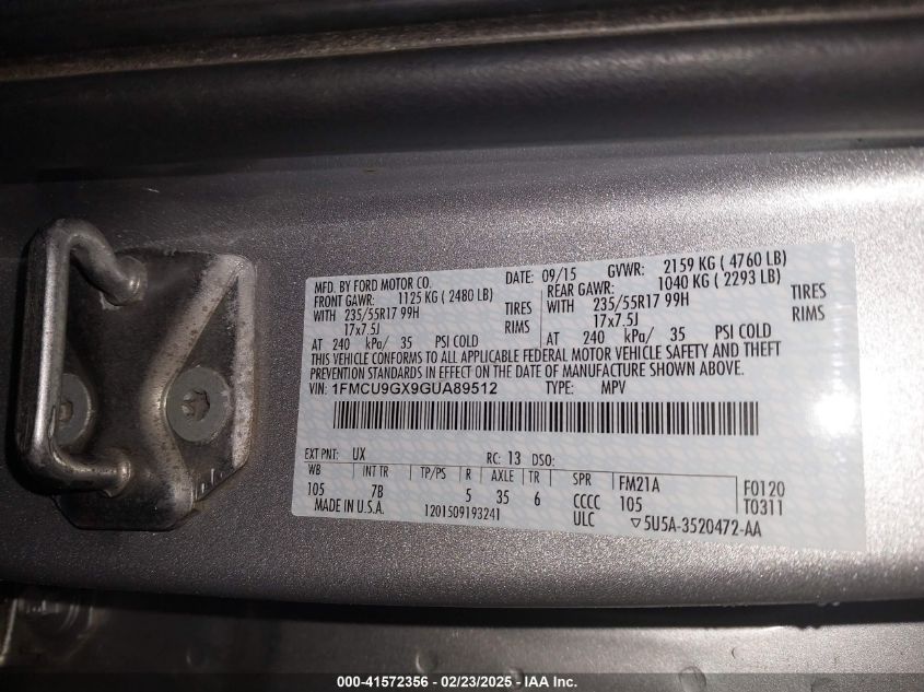 2016 Ford Escape Se VIN: 1FMCU9GX9GUA89512 Lot: 41572356