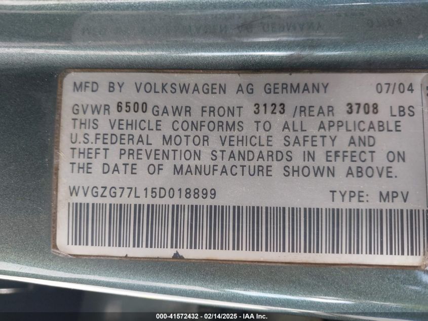 2005 Volkswagen Touareg V6 VIN: WVGZG77L15D018899 Lot: 41572432