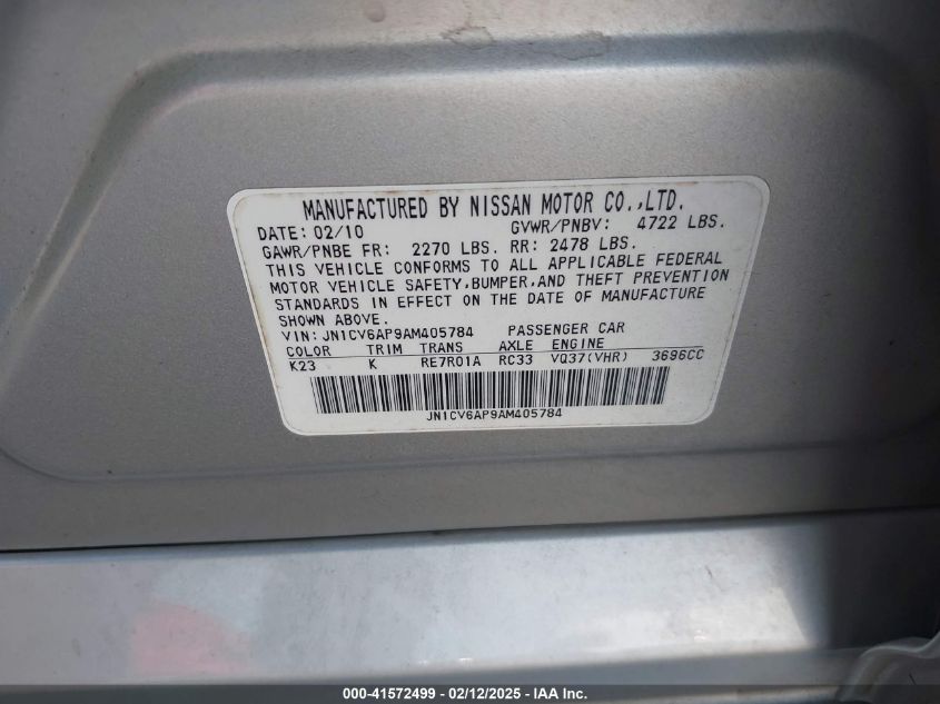 2010 Infiniti G37 Journey VIN: JN1CV6AP9AM405784 Lot: 41572499