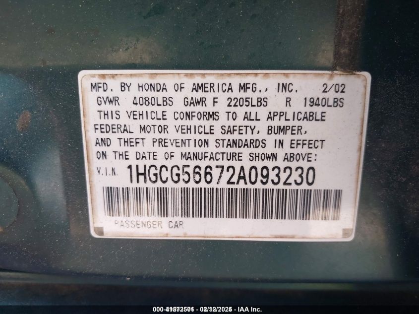 2002 Honda Accord 2.3 Ex VIN: 1HGCG56672A093230 Lot: 41572501