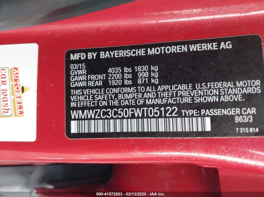 2015 Mini Countryman Cooper S VIN: WMWZC3C50FWT05122 Lot: 41572503