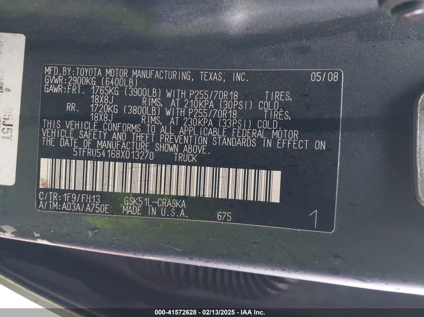 2008 TOYOTA TUNDRA VIN: 5TFRU54168X013270