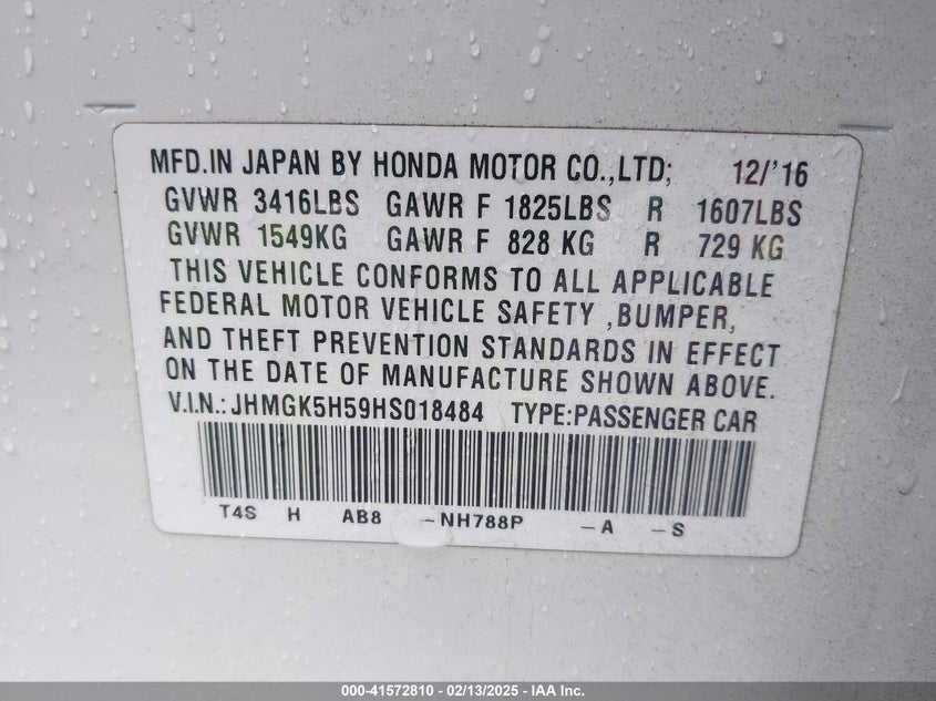 2017 HONDA FIT VIN: JHMGK5H59HS018484