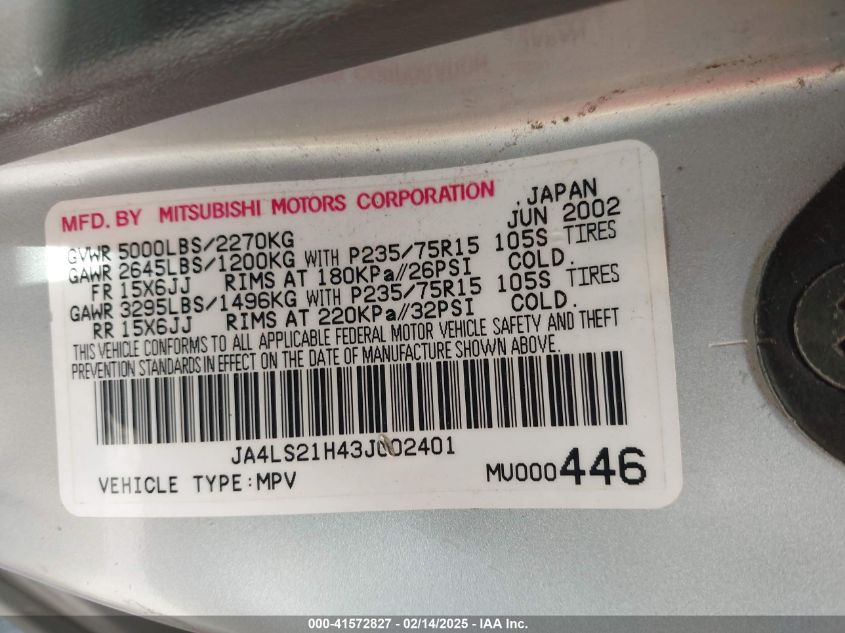 2003 Mitsubishi Montero Sport Es/Ls VIN: JA4LS21H43J002401 Lot: 41572827