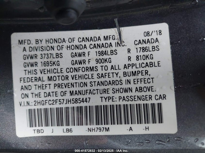 VIN 2HGFC2F57JH585447 2018 HONDA CIVIC LX