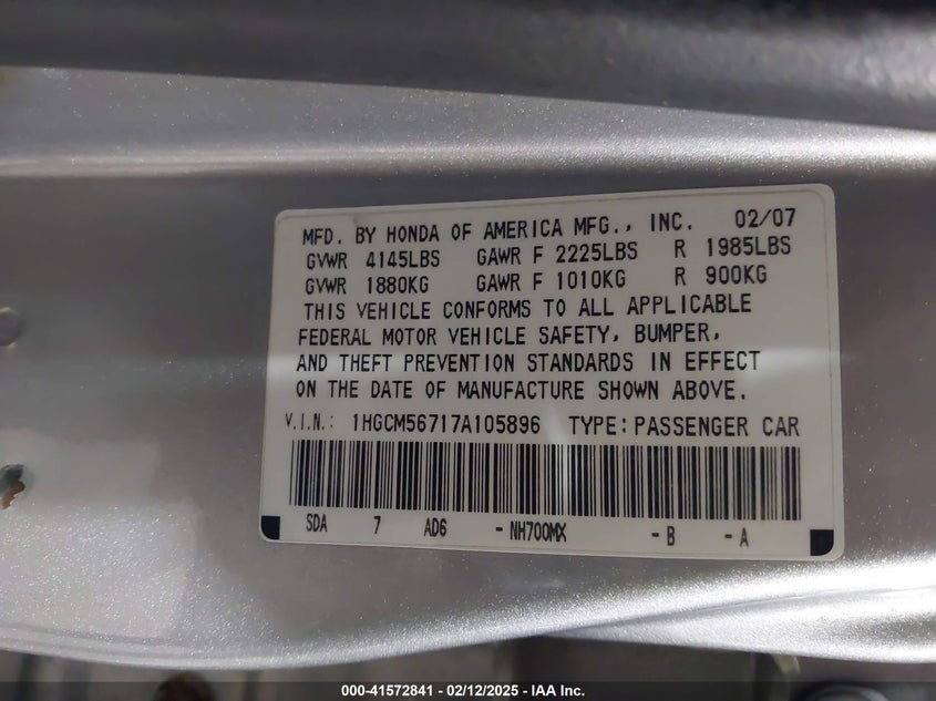 2007 HONDA ACCORD VIN: 1HGCM56717A105896