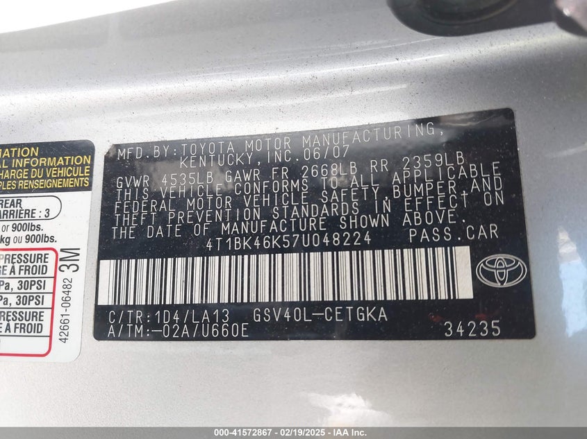 2007 TOYOTA CAMRY VIN: 4T1BK46K57U048224