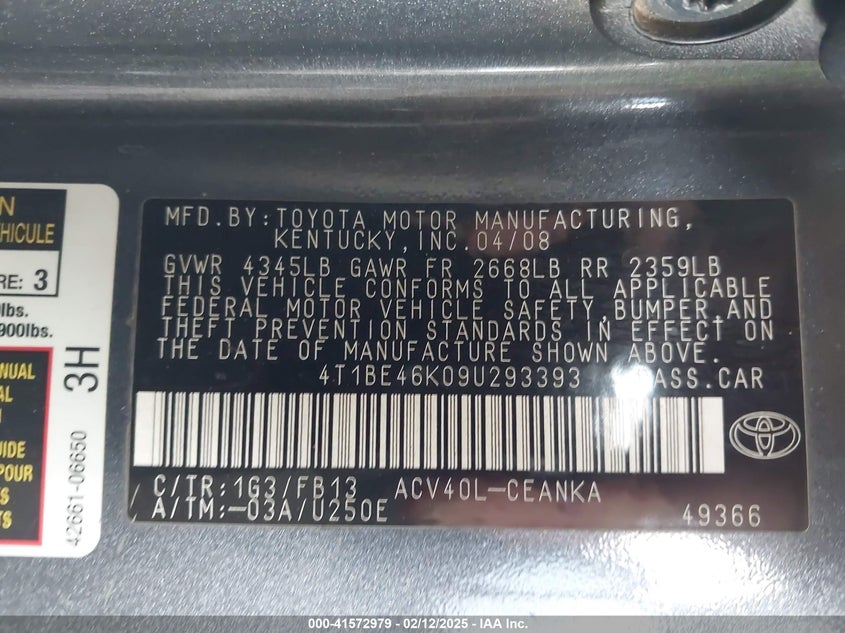 2009 TOYOTA CAMRY VIN: 4T1BE46K09U293393