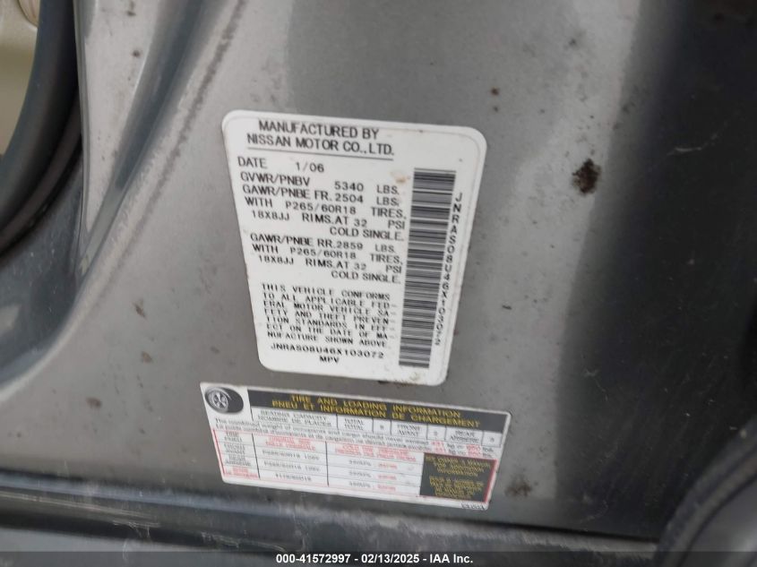 2006 Infiniti Fx35 VIN: JNRAS08U46X103072 Lot: 41572997