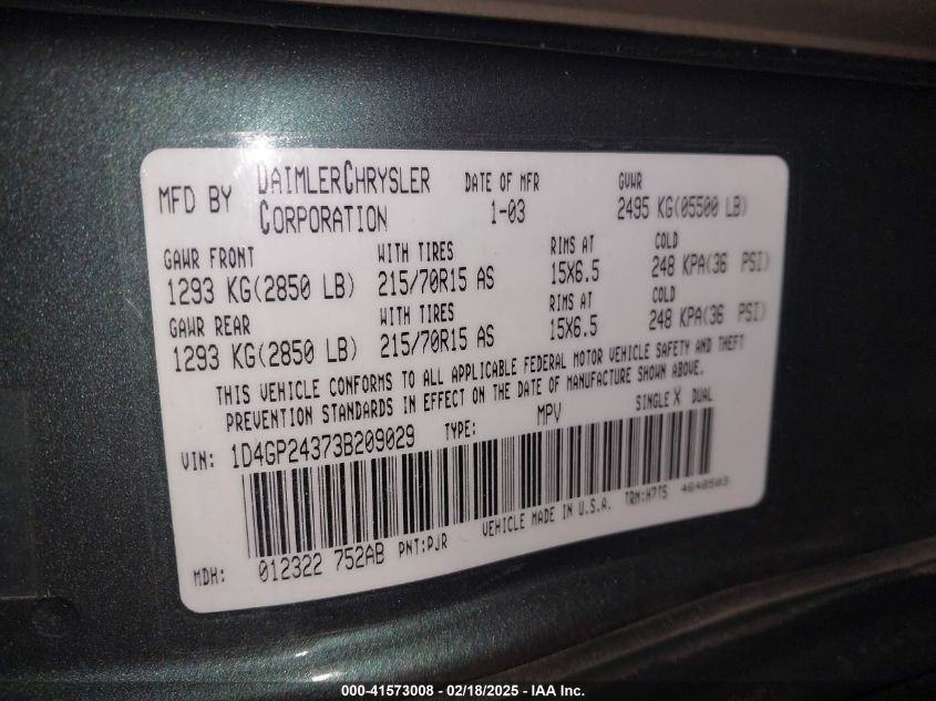 2003 Dodge Grand Caravan Se VIN: 1D4GP24373B209029 Lot: 41573008