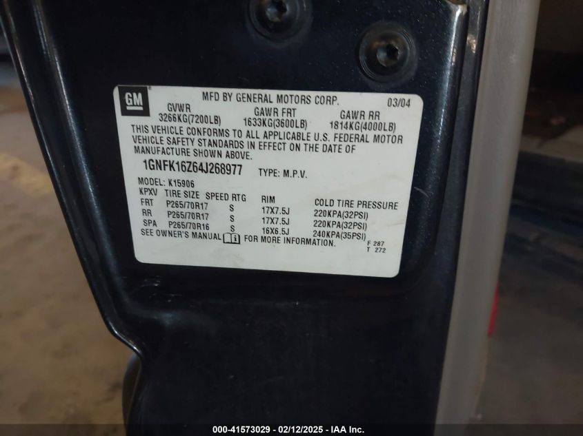 2004 Chevrolet Suburban 1500 Lt VIN: 1GNFK16Z64J268977 Lot: 41573029