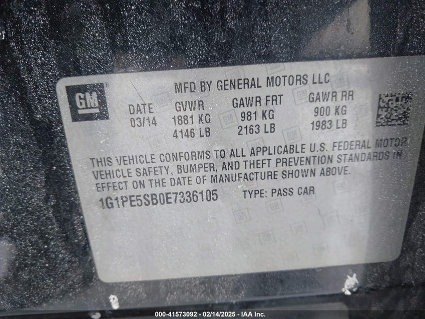 2014 CHEVROLET CRUZE VIN: 1G1PE5SB0E7336105