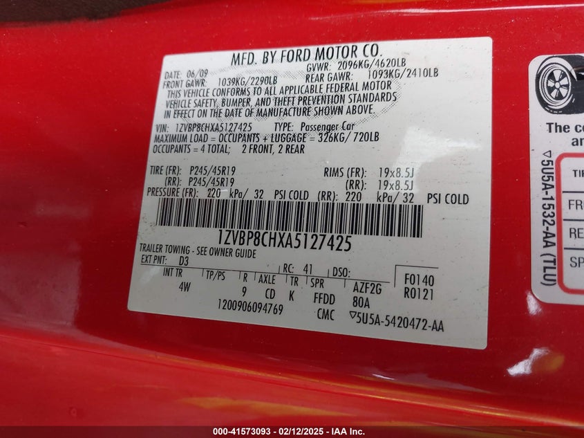 2010 FORD MUSTANG VIN: 1ZVBP8CHXA5127425