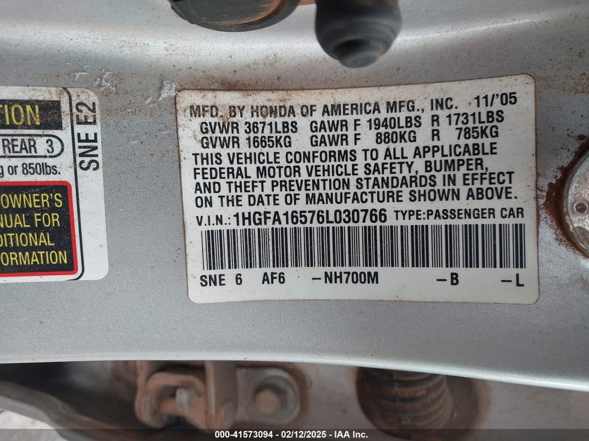 2006 HONDA CIVIC VIN: 1HGFA16576L030766