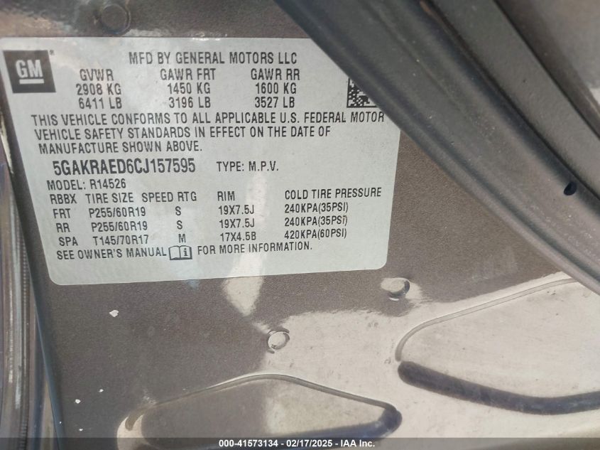 2012 Buick Enclave VIN: 5GAKRAED6CJ157595 Lot: 41573134